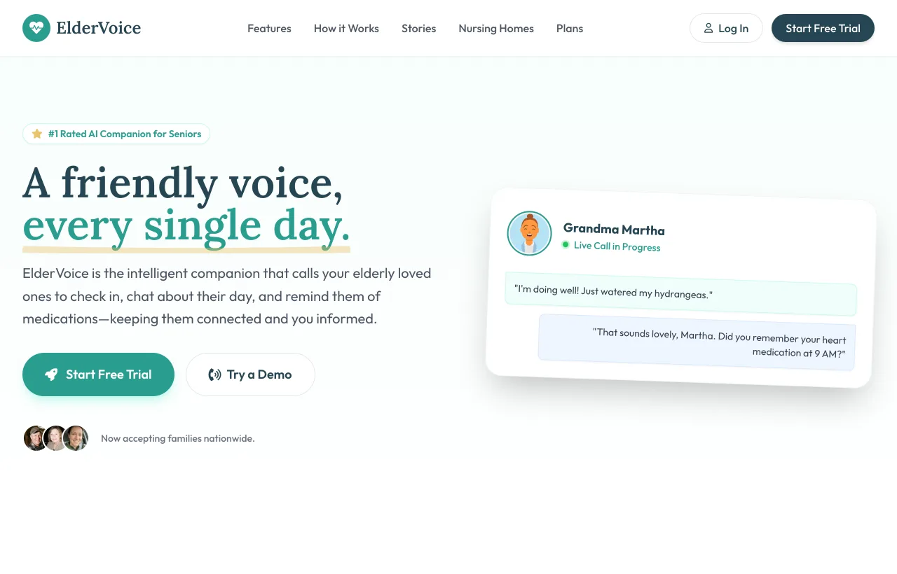 ElderVoice website — A friendly voice, every single day